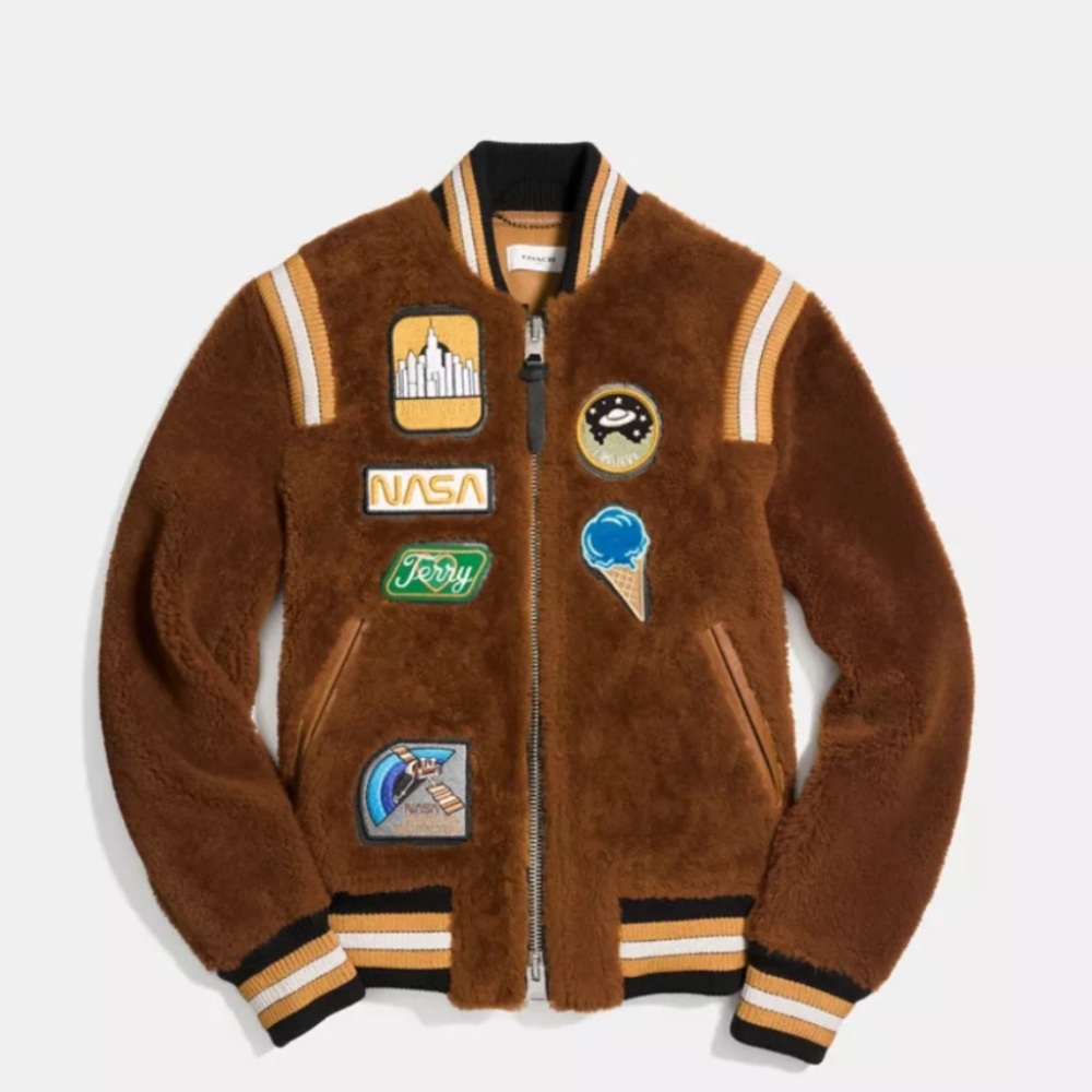 Coach Shearling Varsity Jacket with Patches